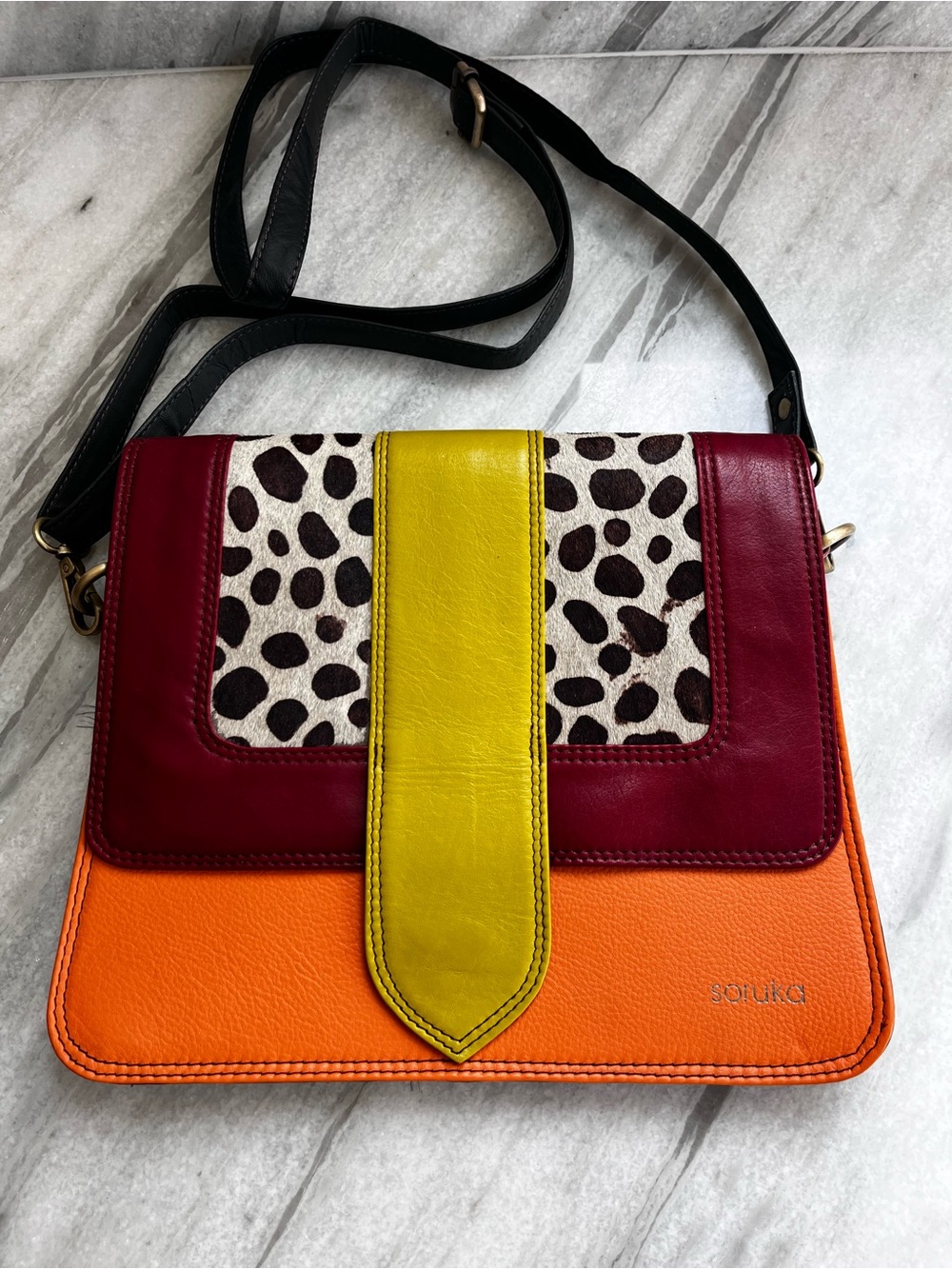 Soruka Colorblock Leather Crossbody Bag with Animal Print Accent